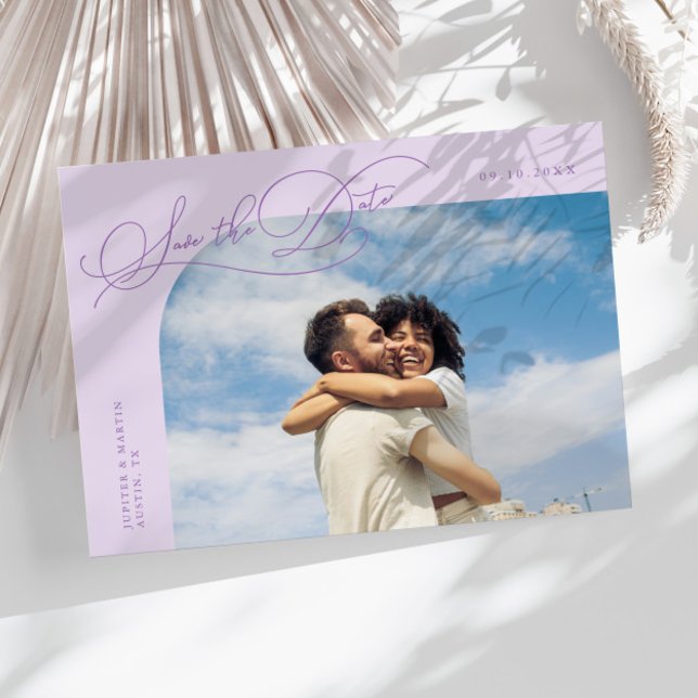 Reserve A Data Elegante Moldura Curva Lilás Foto Script (Criador carregado)