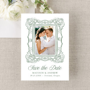 Reserve A Data Elegante Moldura Verde Ornata Foto Casamento