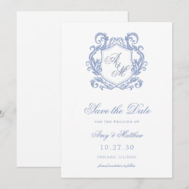 Reserve A Data Elegante Monograma Crista Casamento Azul Empoeirad