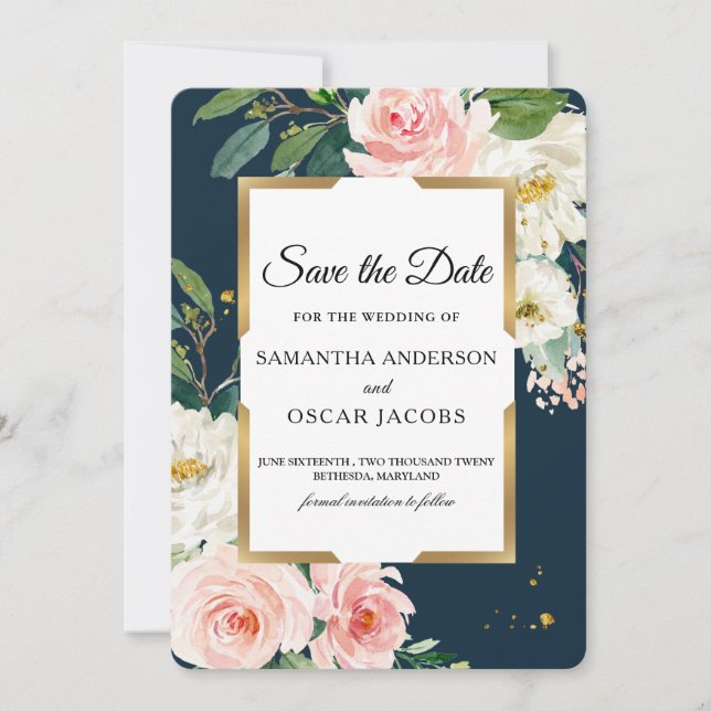 Reserve A Data Elegante Naval e Floral Rosa Bege (Frente)