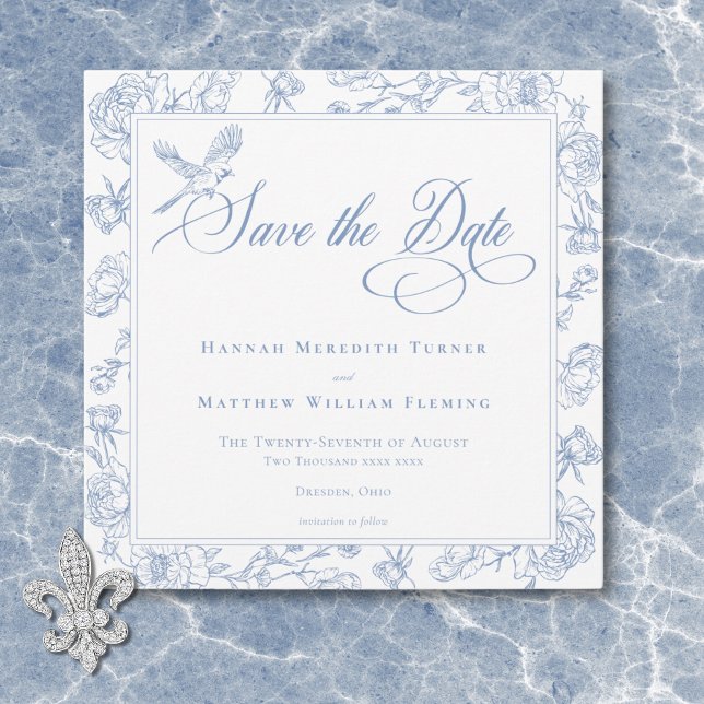 Reserve A Data Elegante Noiva com Pássaro e Brasão em Azul Chines (Elegant Blue Chinoiserie Bird & Crest Wedding Save The Date)