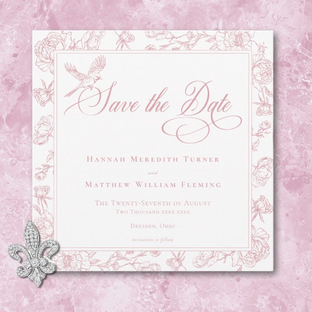 Reserve A Data Elegante Noiva com Pássaro e Brasão em Chinoiserie (Elegant Pink Chinoiserie Bird & Crest Wedding Save The Date)