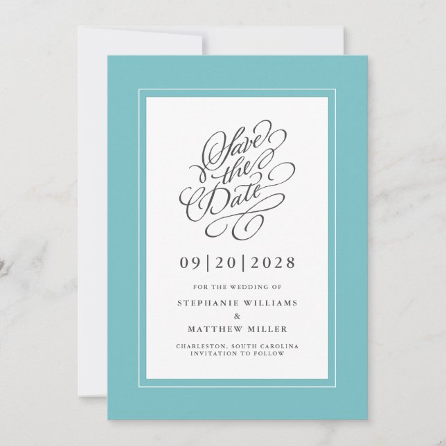 Reserve A Data Elegante Noivado Calliografia Script Aqua (Frente)