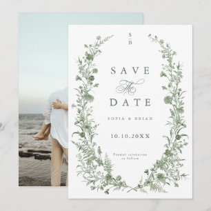 Reserve A Data Elegante Noivado Floral Clássico Vintage Verde Sal