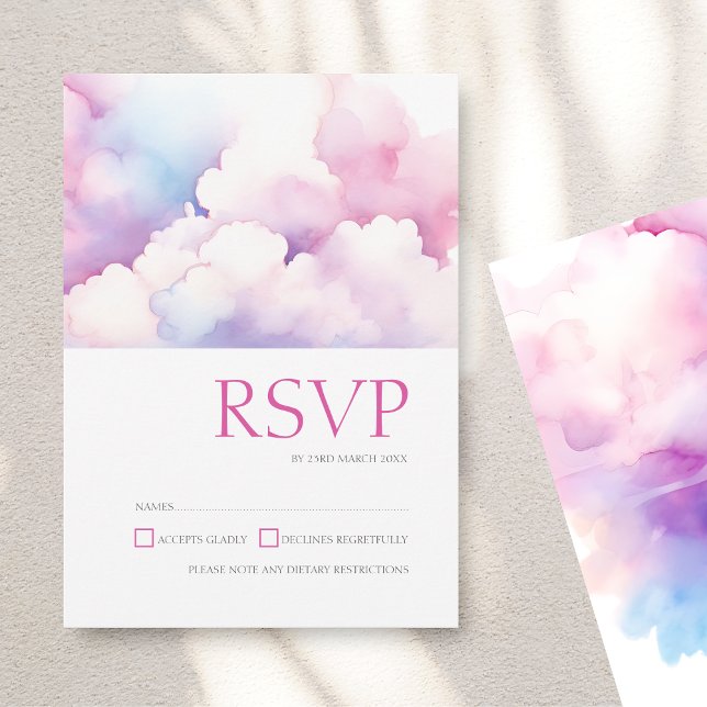 Reserve A Data Elegante Nuvens Aquarela Rosa Azul Casamento RSVP (Elegant Pink Blue White Clouds Monogram Wedding Save The Date)