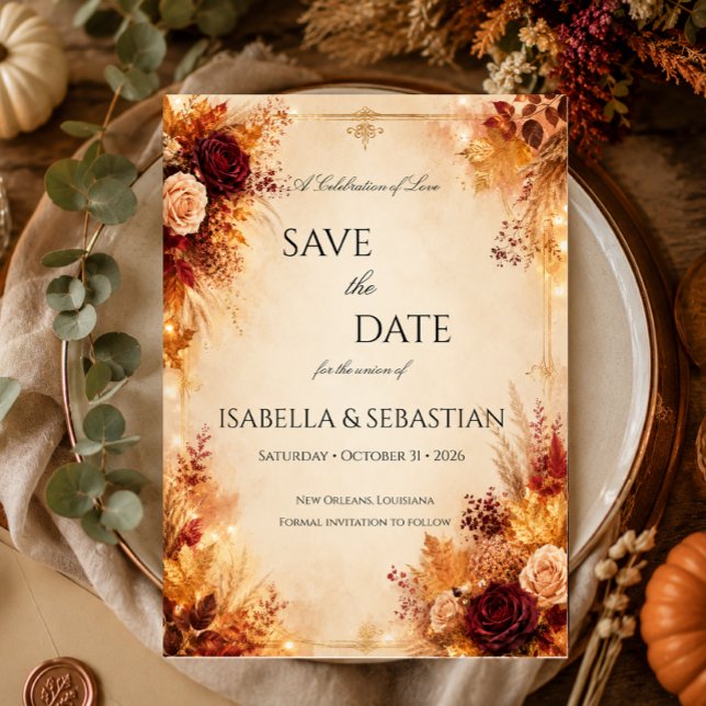 Reserve A Data Elegante Outono| Casamento Boho Rústico de Outono (Criador carregado)