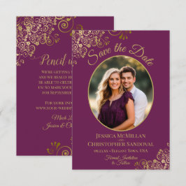 Reserve A Data Elegante Oval Foto Dourado & Roxo Magenta Casament