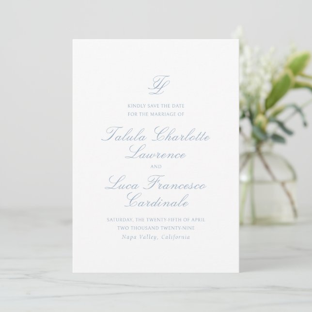 Reserve A Data Elegante Pó Azul Casamento Tradicional (Em pé/Frente)