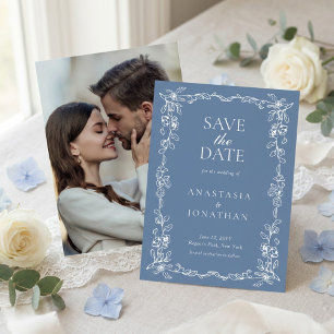 Reserve A Data Elegante Pó Azul Floral Vintage Foto Casamento