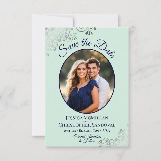 Reserve A Data Elegante Prata Mint e Oval Naval Foto Casamento (Frente)