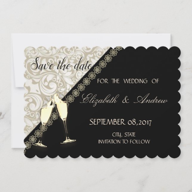 Reserve A Data Elegante Preto, Damasco Casamento Salve a data (Frente)
