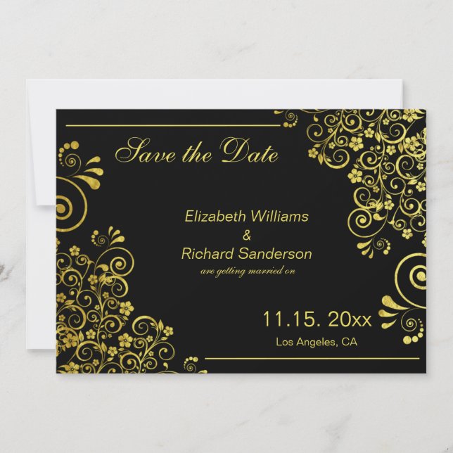 Reserve A Data Elegante Preto Dourado Salve o Dia  Casamento (Frente)