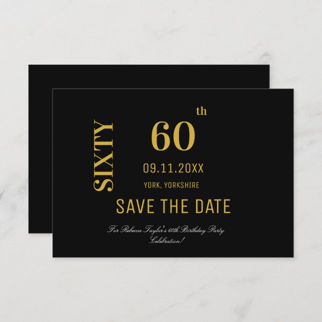 Reserve A Data Elegante Preto e Dourado 60º Aniversário (Frente/Verso)