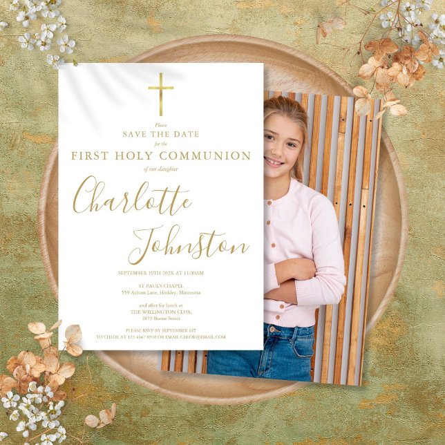 Reserve A Data Elegante Primeira Comunhão Dourada Assinatura Foto (Elegant First Holy Communion Gold Signature Photo Save The Date)