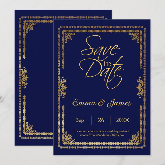 Reserve A Data Elegante Quadro de Casamento Azul Marinho e Dourad (Frente/Verso)
