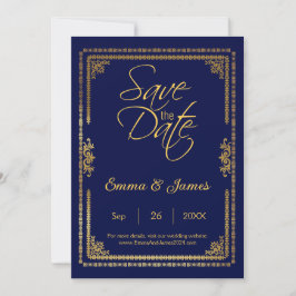 Reserve A Data Elegante Quadro de Casamento Azul Naval e Dourado