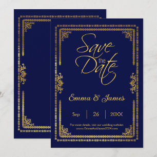 Reserve A Data Elegante Quadro de Casamento Azul Naval e Dourado