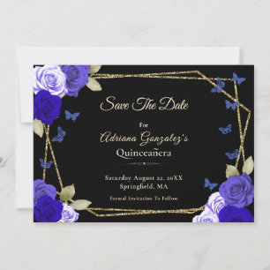 Reserve A Data Elegante Quinceanera Preto Dourado e Azul