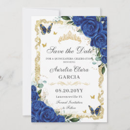 Reserve A Data Elegante Quinceañera Royal Blue Floral Vintage Dou