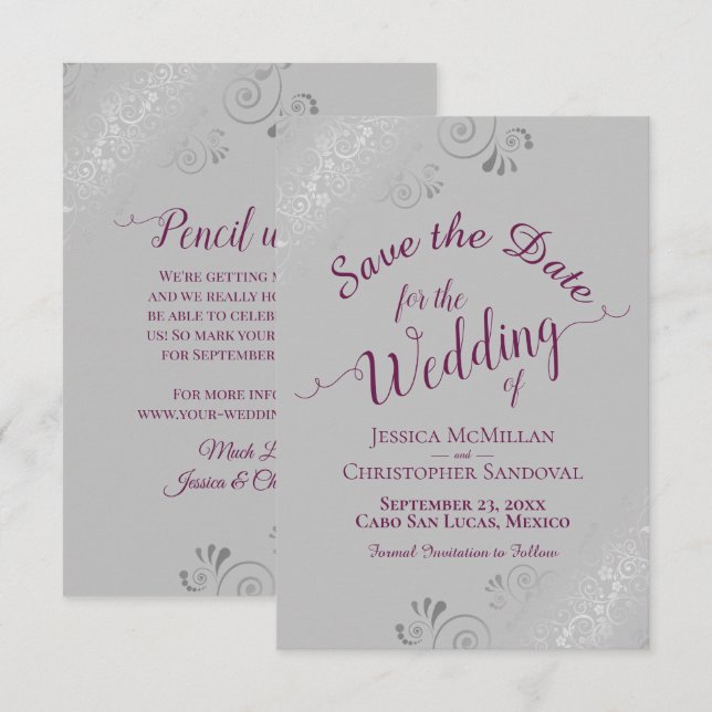 Reserve A Data Elegante Renda Prateada Cassis Roxo no Casamento C (Frente/Verso)