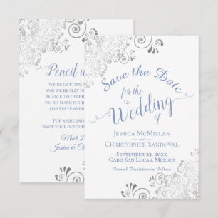 Reserve A Data Elegante Renda Prateada Periwinkle Azul Branco Cas