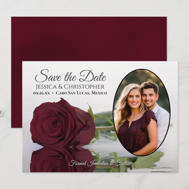 Reserve A Data Elegante Rosa Burgundy com Casamento de Foto Oval (Frente/Verso)