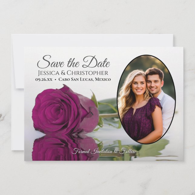 Reserve A Data Elegante Rosa de Ameixa Magenta Oval Foto Casament (Frente)