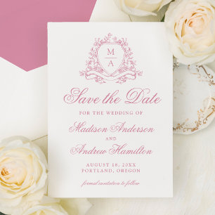 Reserve A Data Elegante Rosa Quartzo Floral Brasão Monograma Casa