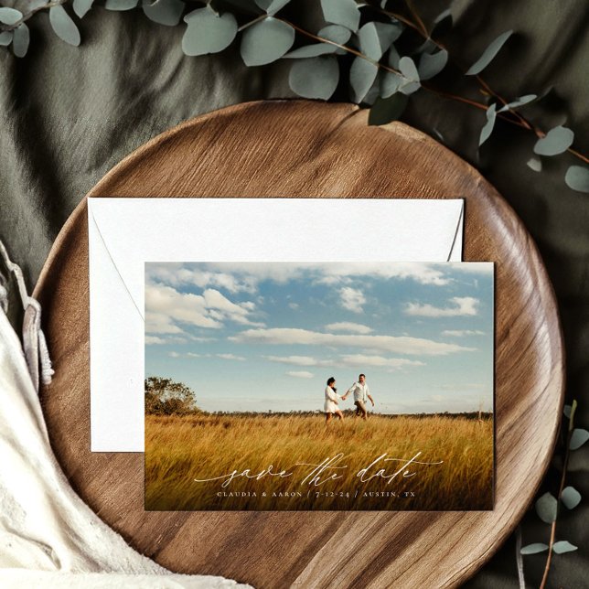 Reserve A Data Elegante roteiro de casamento Foto Salvar a data (Elegant Script wedding Save the dates. Photo overlay save the date card)
