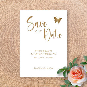 Reserve A Data Elegante Rótulo Dourado com Borboleta Brilhante Ca