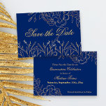 Reserve A Data Elegante Royal Blue e Dourada Belas Artes Floral<br><div class="desc">Cartões salve a data elegantes que você pode personalizar para se adequar a qualquer evento. O delicado design floral apresenta arte fina, desenhos de esboços de flores e folhas em ouro sobre fundo azul real. Um dos lados do cartão lê "Salvar a Data" em bela tipografia de script. O outro...</div>