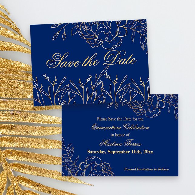 Reserve A Data Elegante Royal Blue e Dourada Belas Artes Floral (Blue and Gold Quinceanera Save the Date, from my Gold Sketched Floral collection
)