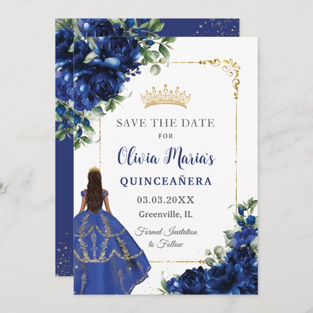 Reserve A Data Elegante Royal Blue Flowers Princesa Quinceañera (Frente/Verso)