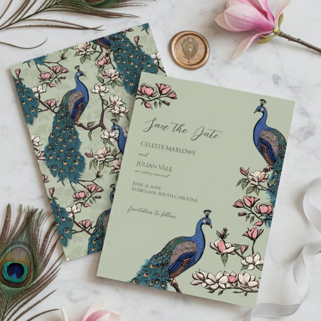 Reserve A Data Elegante Sage Floral Peacock Wedding (Sage Peacock Save the Dates for Modern Bird Wedding. Vintage Floral Peacock Chinoiserie Engagement )
