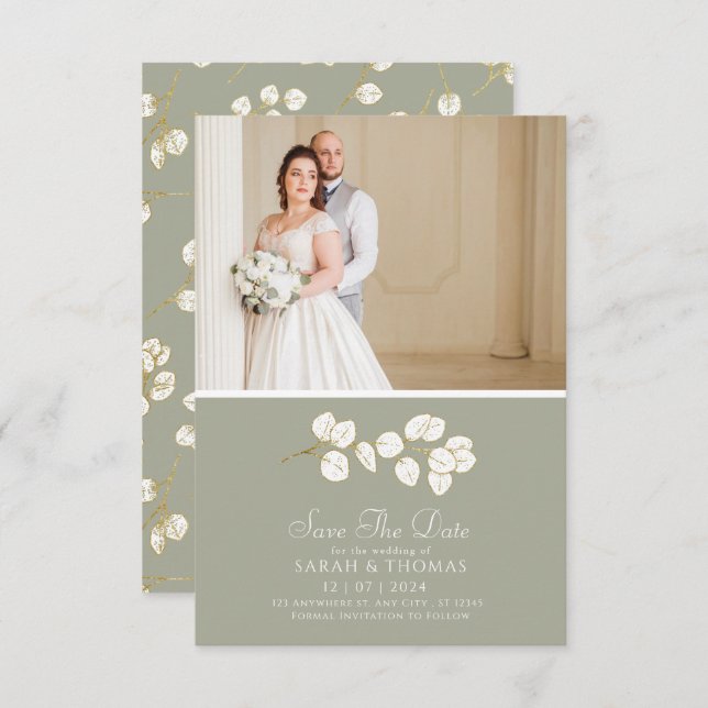 Reserve A Data Elegante Sage Folhas verdes Douradas de eucalipto (Frente/Verso)