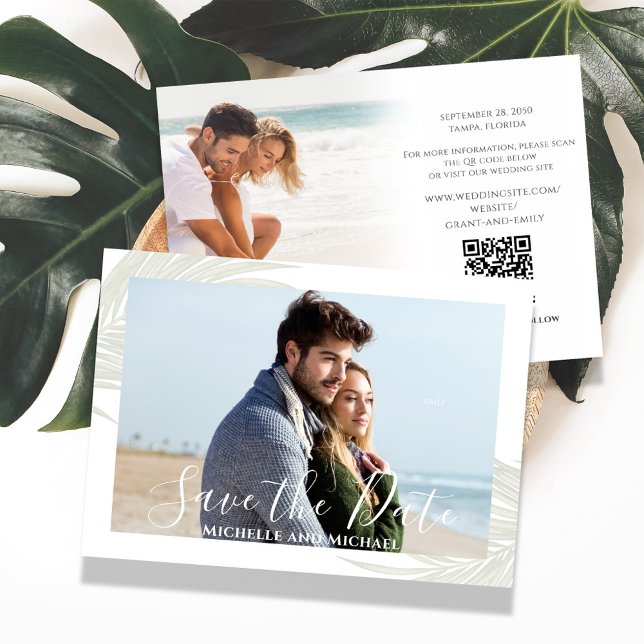 Reserve A Data Elegante Salve a Data Destino Palmas de Casamento (Elegant green palm leaves photo save the date card. With a scannable QR Code. )