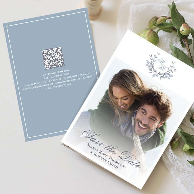 Reserve A Data Elegante Salve a Foto de Casamento de Data (Dusty blue wedding save the date photo card.)