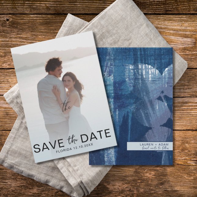 Reserve A Data Elegante Save the Date Botânica & Foto em Azul Poe (Criador carregado)