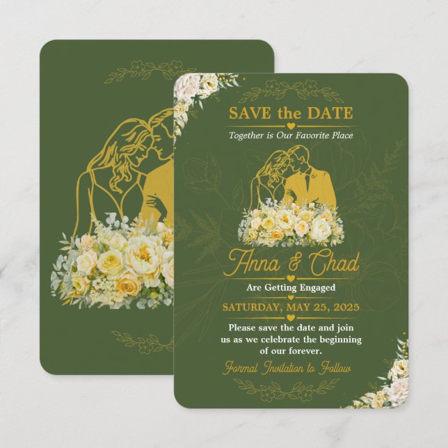 Reserve A Data Elegante Save the Date Botânico de Oliva Engajamen (Frente/Verso)