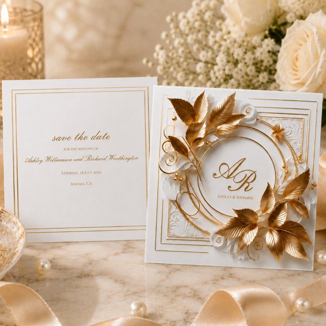 Reserve A Data Elegante Save the Date Botânico em Dourado (elegant opulent ivory gold foliage personalized wedding save the date cards)