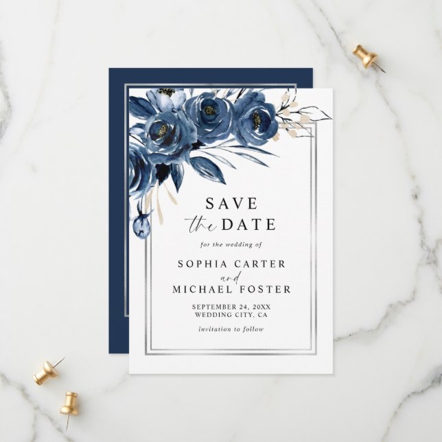 Reserve A Data Elegante Script Floral Azul-Marinho Foto Casamento (Frente/Verso In Situ)