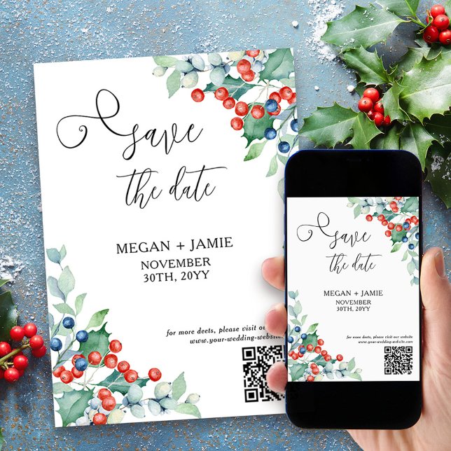 Reserve A Data Elegante Script Holly e Winter Berries (Save the Date with Holly and Winter Berries for holiday season engagement or winter wedding)