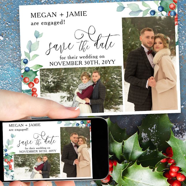 Reserve A Data Elegante Script Holly Winter Berries 2 Foto (Winter engagement announcement save the date from Winter Berries Wedding suite)