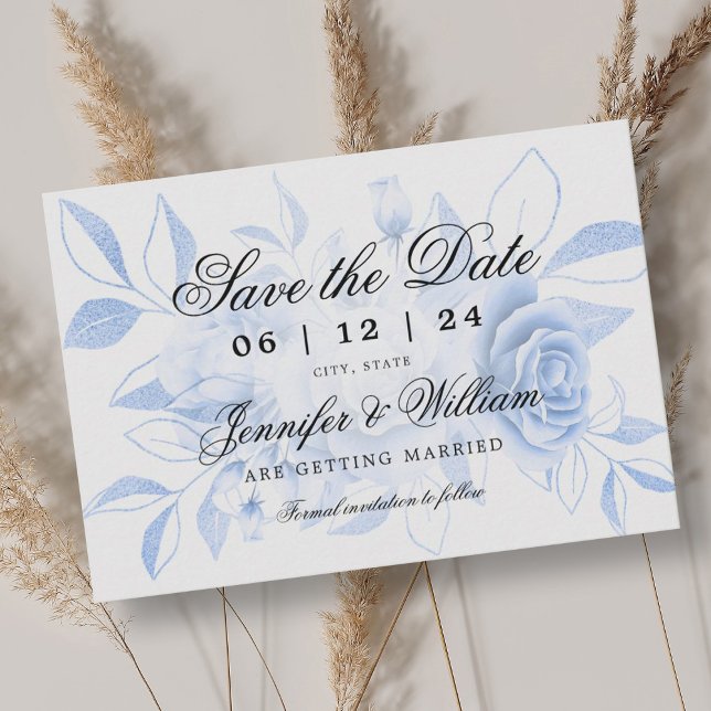 Reserve A Data Elegante Script Romântico Marinho de Casamento Flo (Elegant Script Romantic Wedding Navy Floral Save The Date)