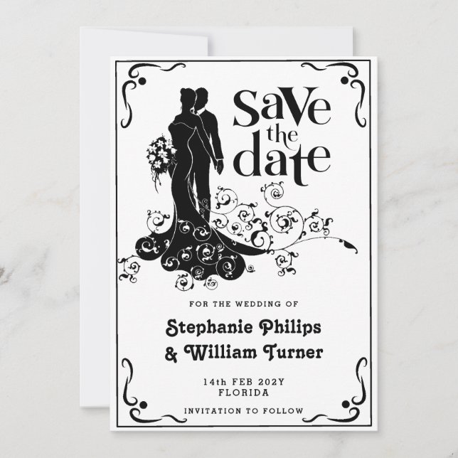 Reserve A Data Elegante Silhueta de Casamento Salve a Data (Frente)
