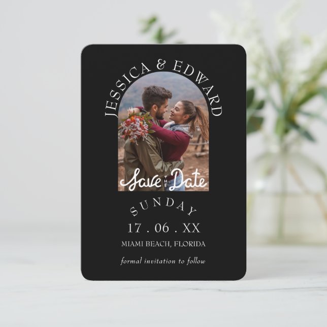 Reserve A Data Elegante Simples Moderno Script Foto Salvar Data (Em pé/Frente)