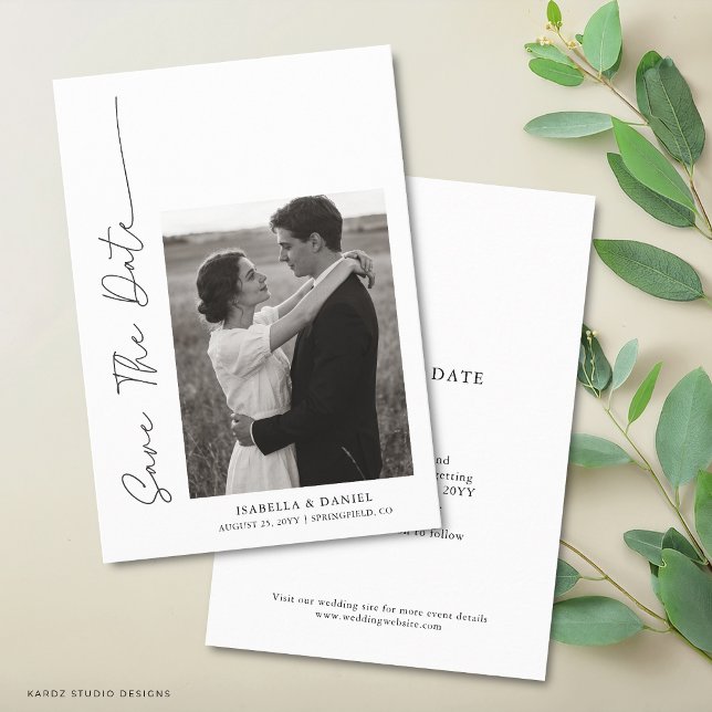 Reserve A Data Elegante Simples Script Foto Casamento (Front and back of card are shown in 3.5 x 5 inches. Choose size, paper and corner style.)