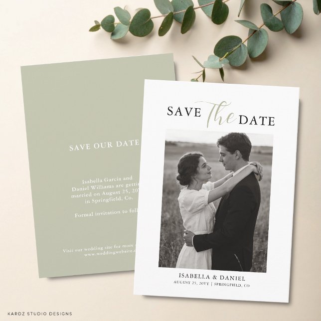 Reserve A Data Elegante Simples Verde Foto Casamento Texto (The front and back are shown in a 4.5 x 6.25-inch. Choose size, paper, + corner style.)
