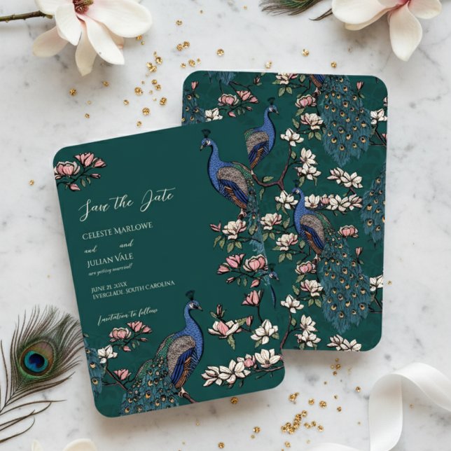 Reserve A Data Elegante Teal Floral Peacock Wedding (Teal Peacock Save the Dates for Modern Bird Wedding. Vintage Floral Peacock Chinoiserie Engagement )