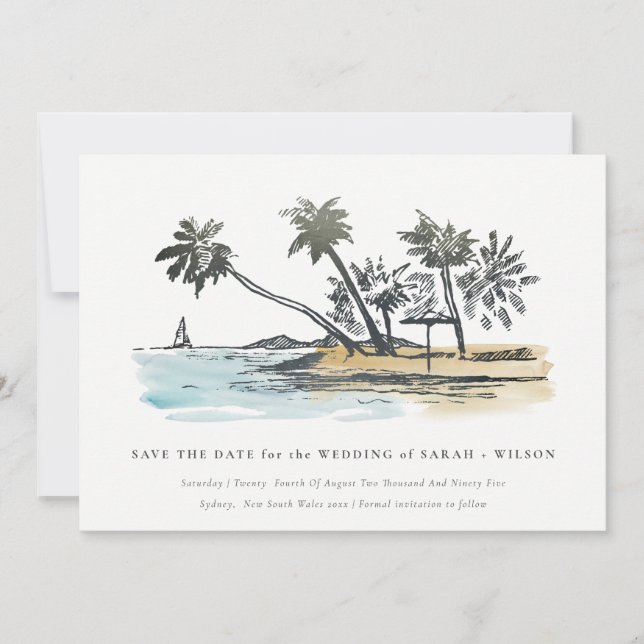 Reserve A Data Elegante Tropical Beach Palm Tree Sketch Watercolo (Frente)